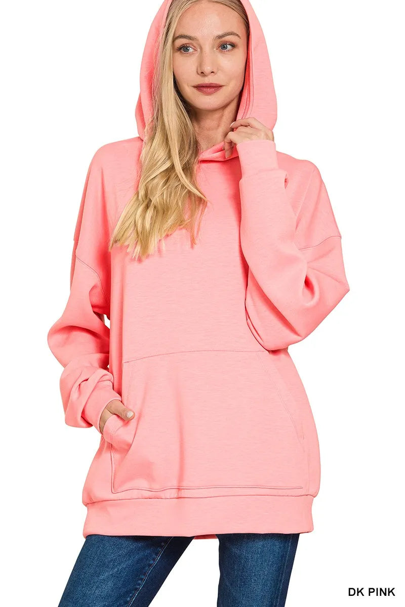 Zenana Oversized Scuba Hoodie with Kangaroo Pocket in Pink