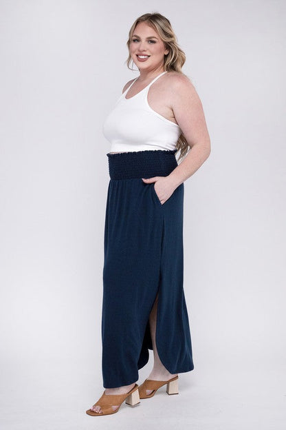 ZENANA Plus Smocked Waist Side Slit Maxi Skirt w/ Pockets