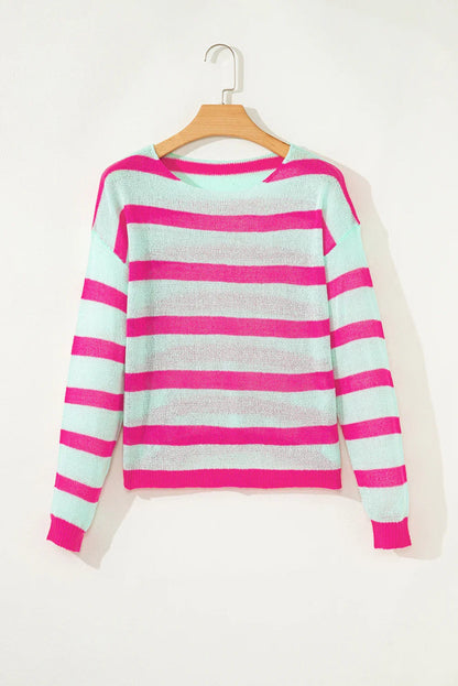 Green Striped Round Neck Colorblock Knit Sweater