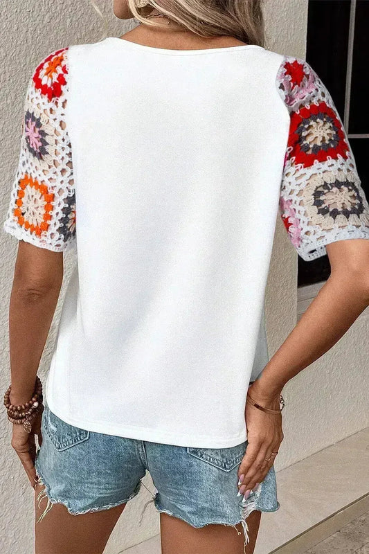 Geometric Round Neck Short Sleeve Blouse | Femstylo
