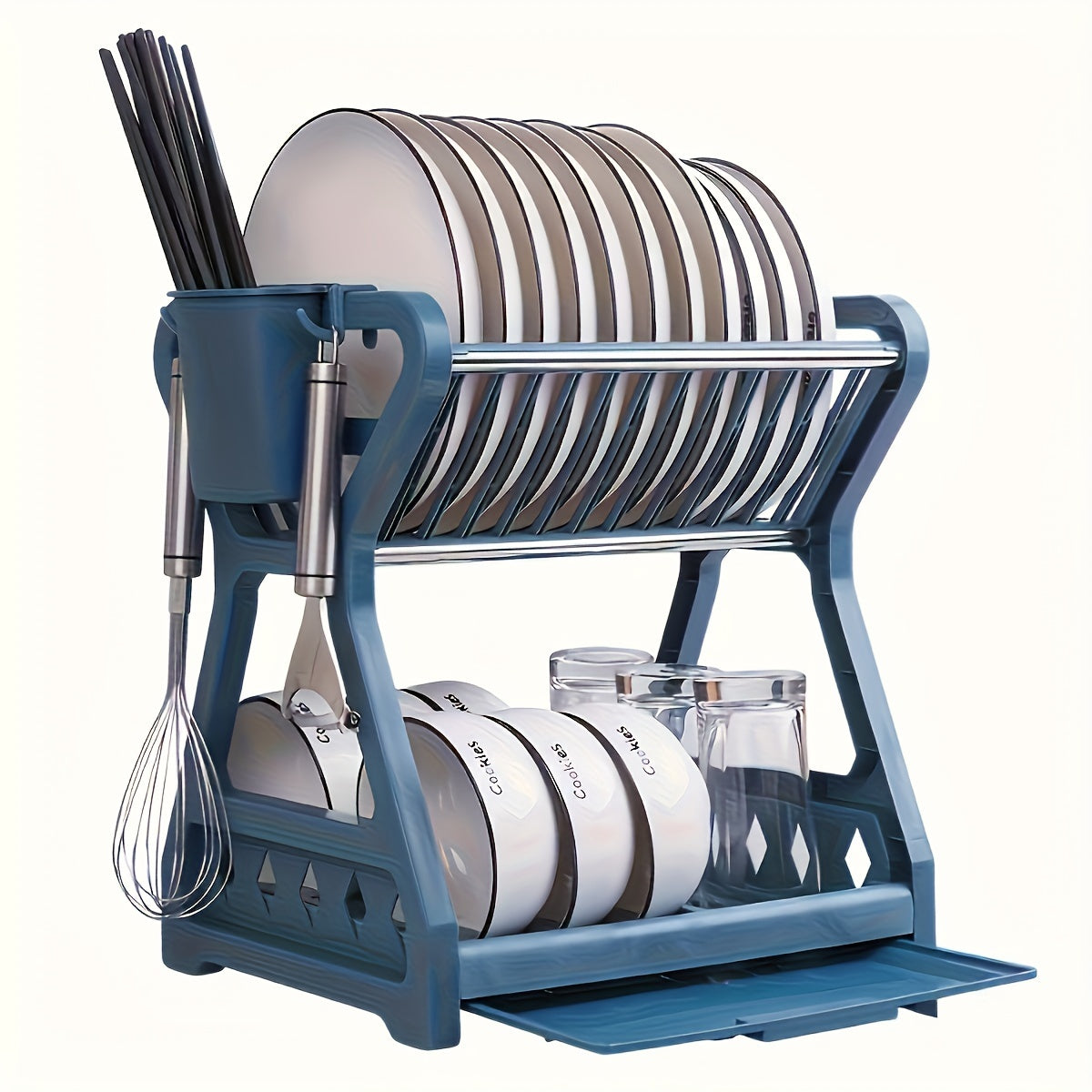 Space-Saving 2-Tier Kitchen Dish Rack with Drainboard - Sleek Blue &