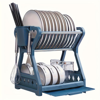 Space-Saving 2-Tier Kitchen Dish Rack with Drainboard - Sleek Blue &