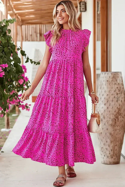 Rose Red Leopard Print Ruffle Sleeveless Maxi Dress