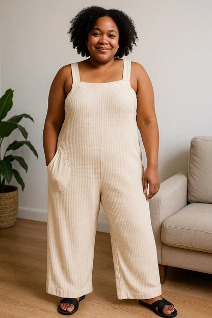 Zenana Knit Waffle Wide Leg Overalls in Beige