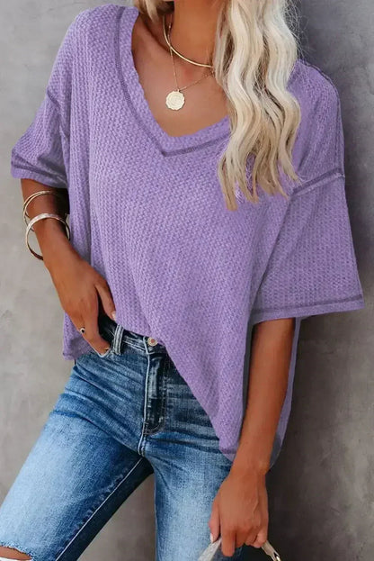 Blue Exposed Seam Drop Sleeve V Neck Waffle Textured Top