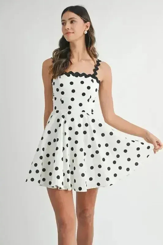 Polka Dot Mini Dress – Ricrac Trim Strap & Smocked Back