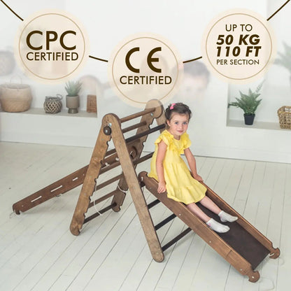 3in1 Montessori Climbing Set: Triangle Ladder + Slide Board + Net – Chocolate