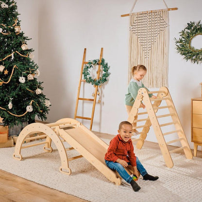 4in1 Montessori Climbing Set: Triangle Ladder + Climbing Arch + Slide Board & Cushion – Beige