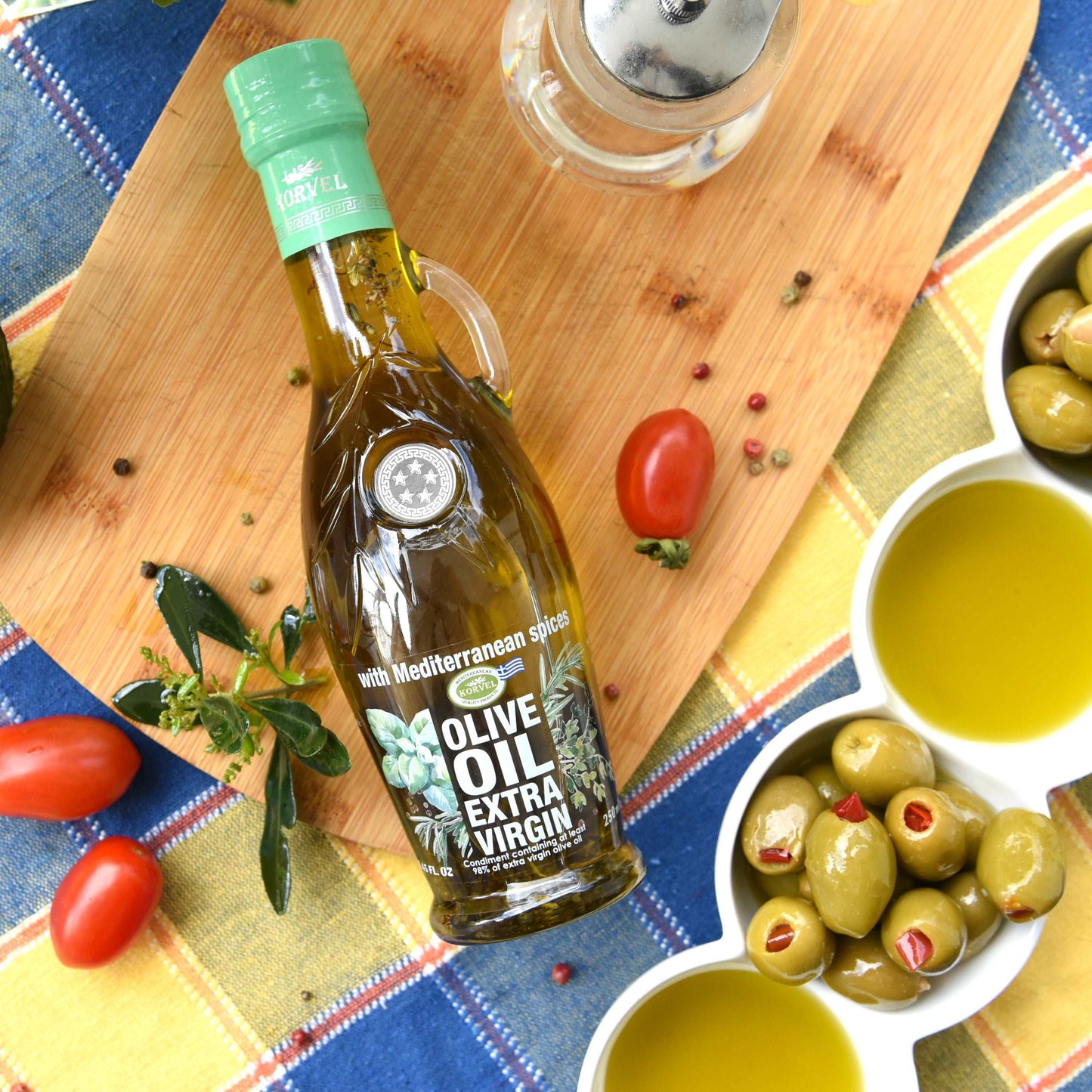 KORVEL Greek Extra Virgin Olive Oil with Mediterranean herbs, Amphora 8.45 fl oz (250ml)