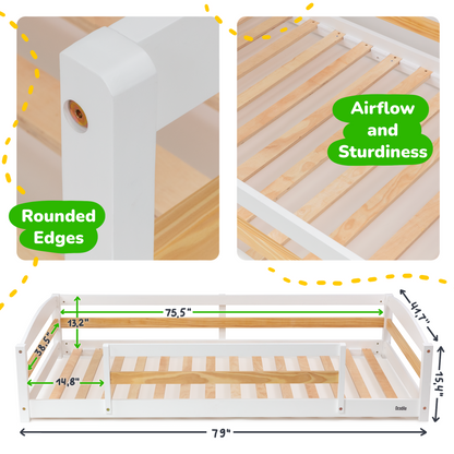 Wooden crib with rounded edges and airflow design, showing measurements and structural details.