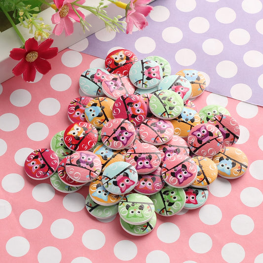 50 Pcs DIY 20mm Mixed OWL Wooden Buttons 2 Holes