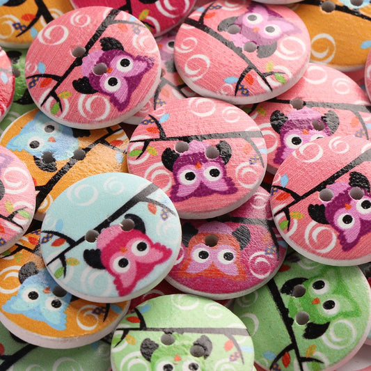 50 Pcs DIY 20mm Mixed OWL Wooden Buttons 2 Holes