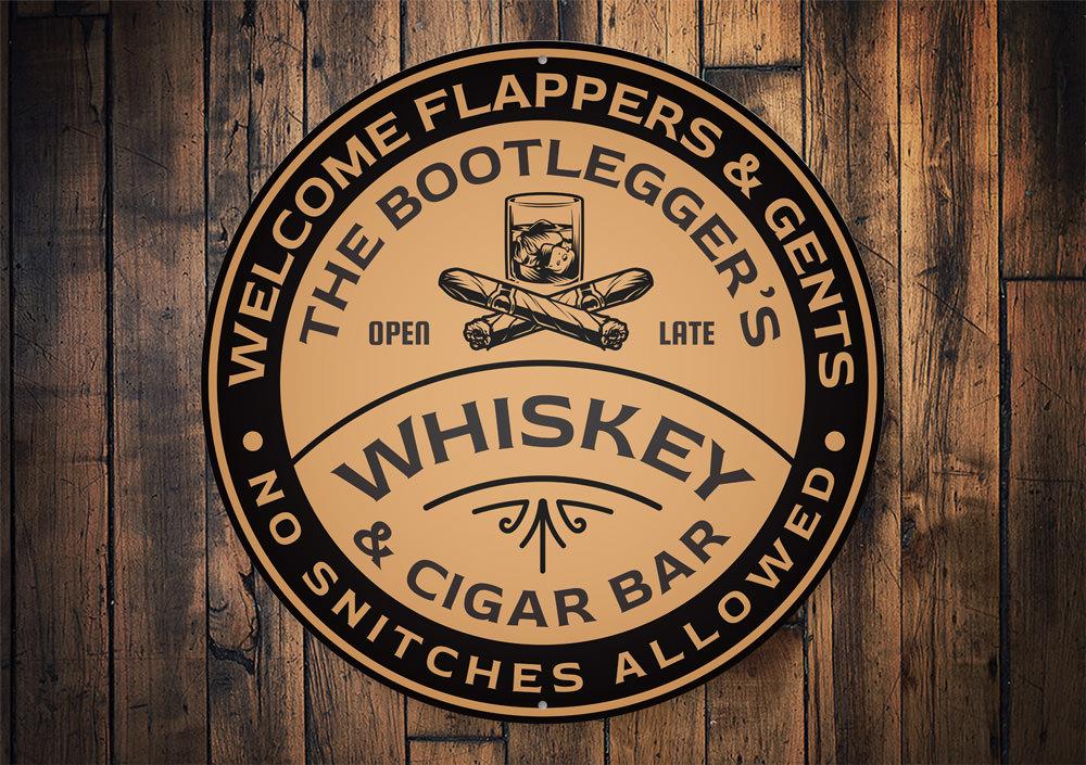 Round wooden sign with text and graphics on a wooden background