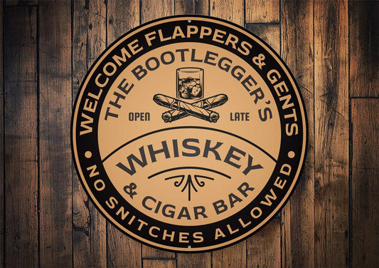 Round wooden sign with text and graphics on a wooden background