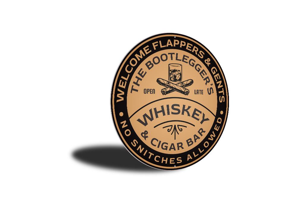 Round wooden sign with text 'The Bootlegger & Co.' on a white background
