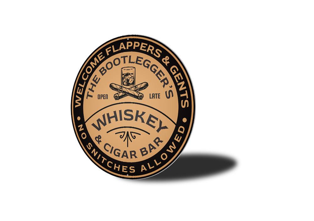Round wooden sign with text and graphics on a white background