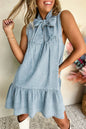 Beau Blue Bowknot Neck Ruffle Sleeveless Mini Dress