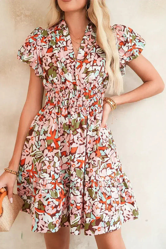 Pink Floral Print Puff Sleeve Shirred High Waist Mini Dress