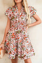 Pink Floral Print Puff Sleeve Shirred High Waist Mini Dress