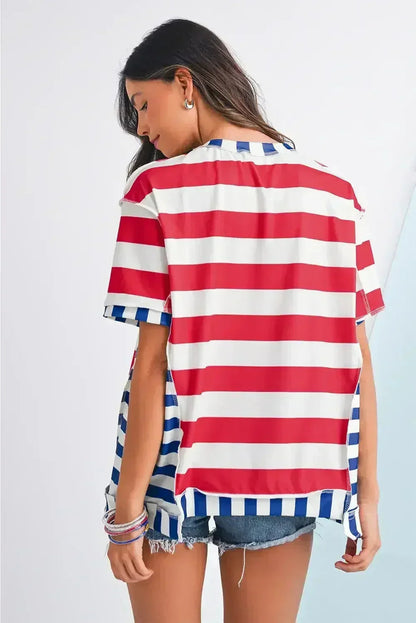 Red Stripe Loose Casual Color Block T Shirt