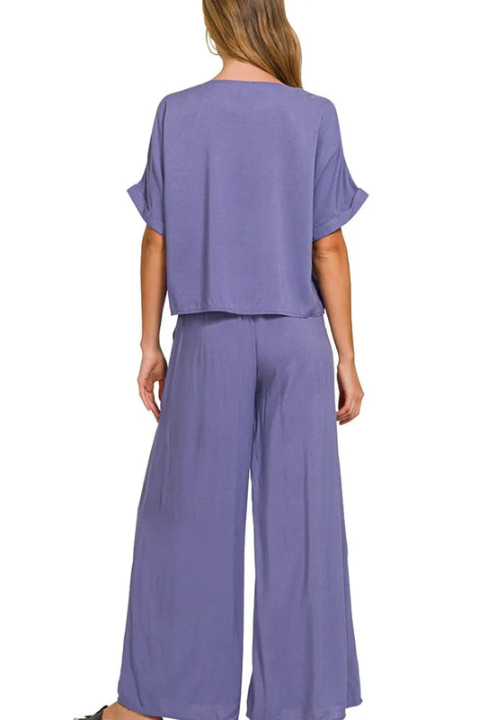 Zenana Round Neck T-Shirt and Wide Leg Pants Set - Marlin