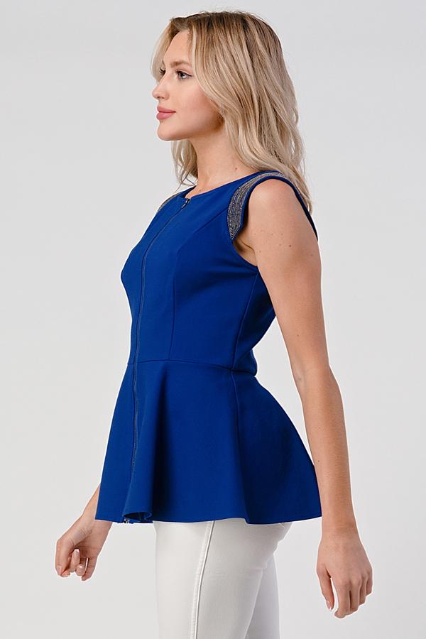 Peplum Zip-Front Sleeveless Top with Metallic Shoulder Detail | Apparel | Kitchen + Metal