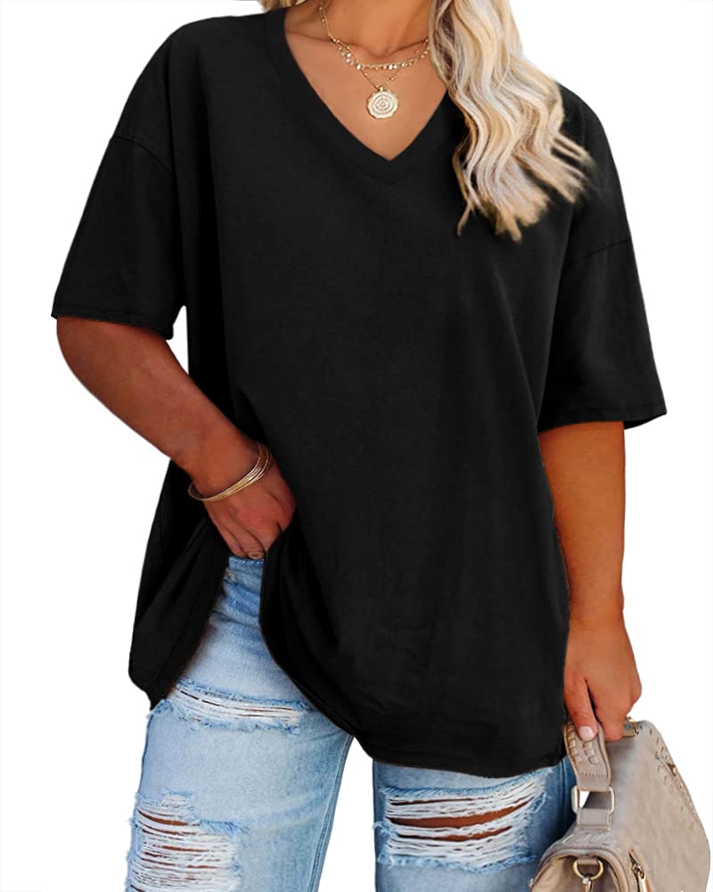 Cato Fashions Online - Women's Plus Size V-Neck Cotton T-Shirts - Summer Half Sleeve Casual Loose Fit Tunic Tops