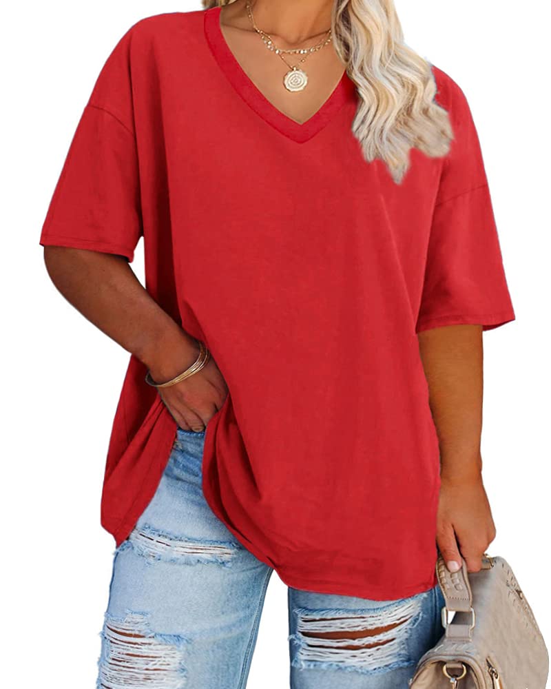 Cato Fashions Online - Women's Plus Size V-Neck Cotton T-Shirts - Summer Half Sleeve Casual Loose Fit Tunic Tops