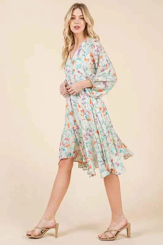 Lime and Chili Dress with Cinched Waist and Balloon Sleeves