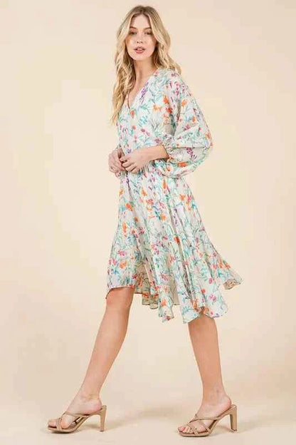 Lime and Chili Dress with Cinched Waist and Balloon Sleeves