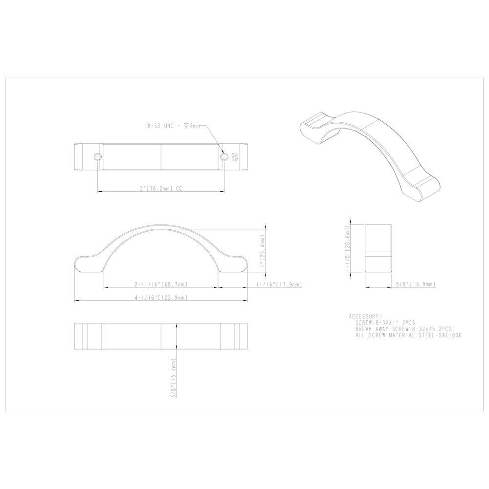 3" Center-to-Center Satin Nickel Arched Seaver Cabinet Pull