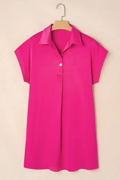 Rose Red Buttoned Collar Shift T Shirt Dress
