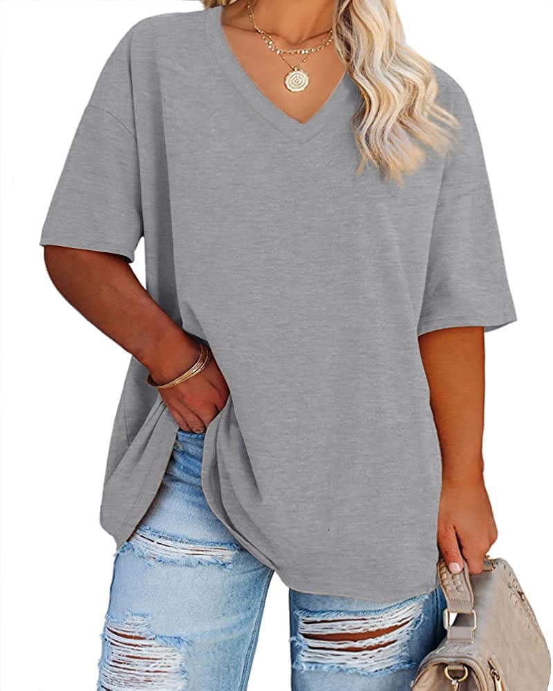 Cato Fashions Online - Women's Plus Size V-Neck Cotton T-Shirts - Summer Half Sleeve Casual Loose Fit Tunic Tops