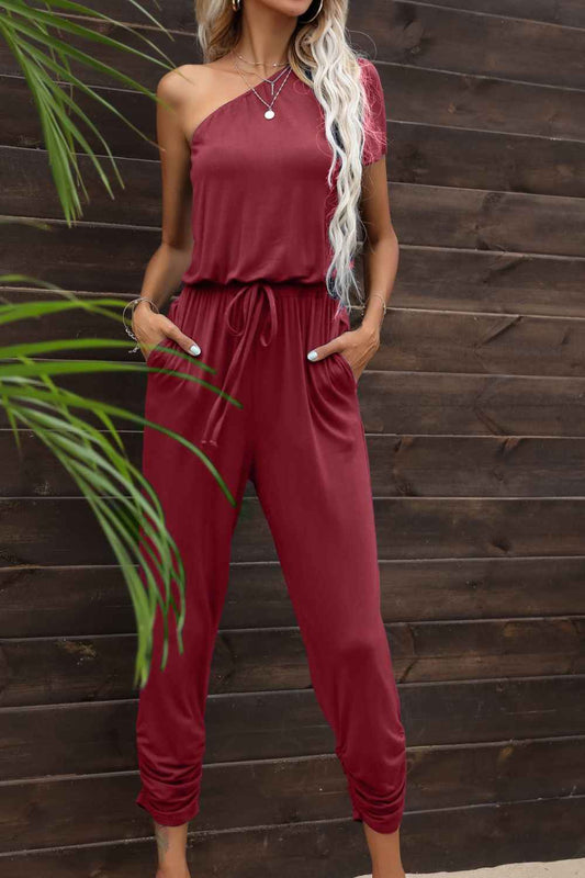 Gathered Waist One-Shoulder Jumpsuit with Pockets for Effortless Style