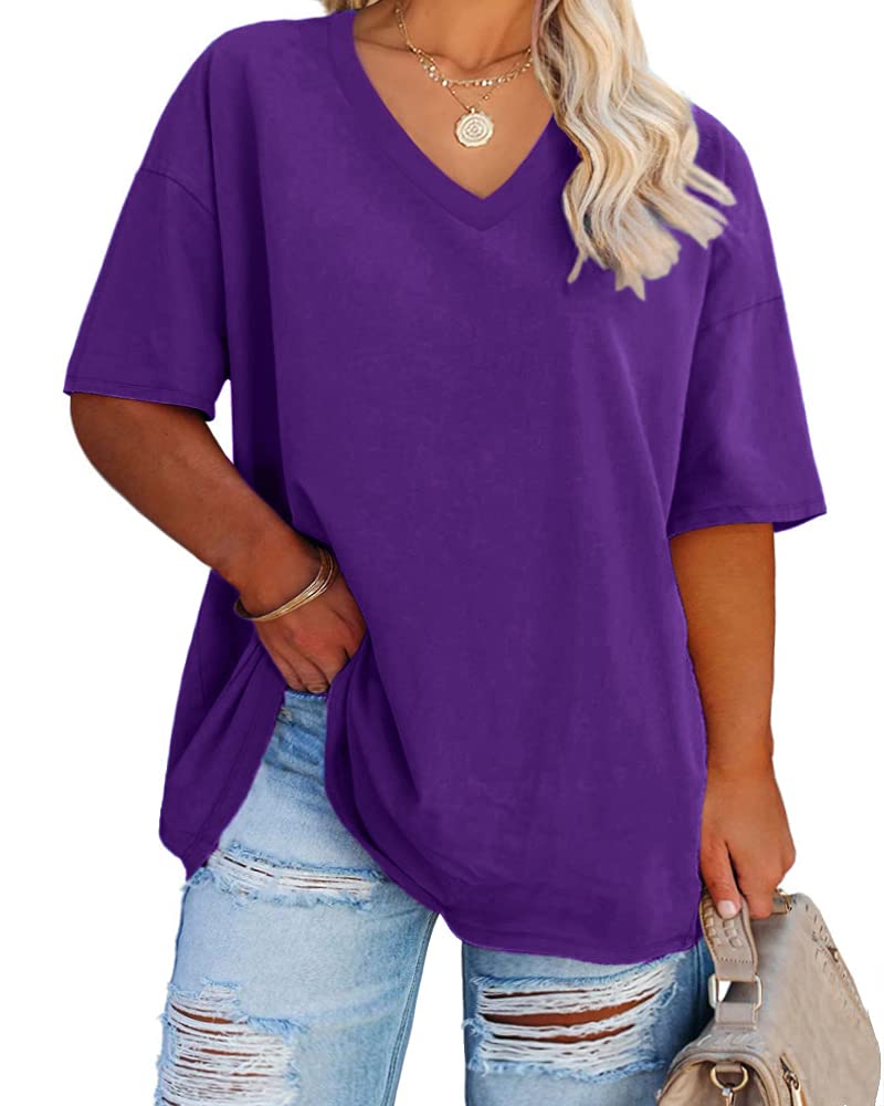 Cato Fashions Online - Women's Plus Size V-Neck Cotton T-Shirts - Summer Half Sleeve Casual Loose Fit Tunic Tops