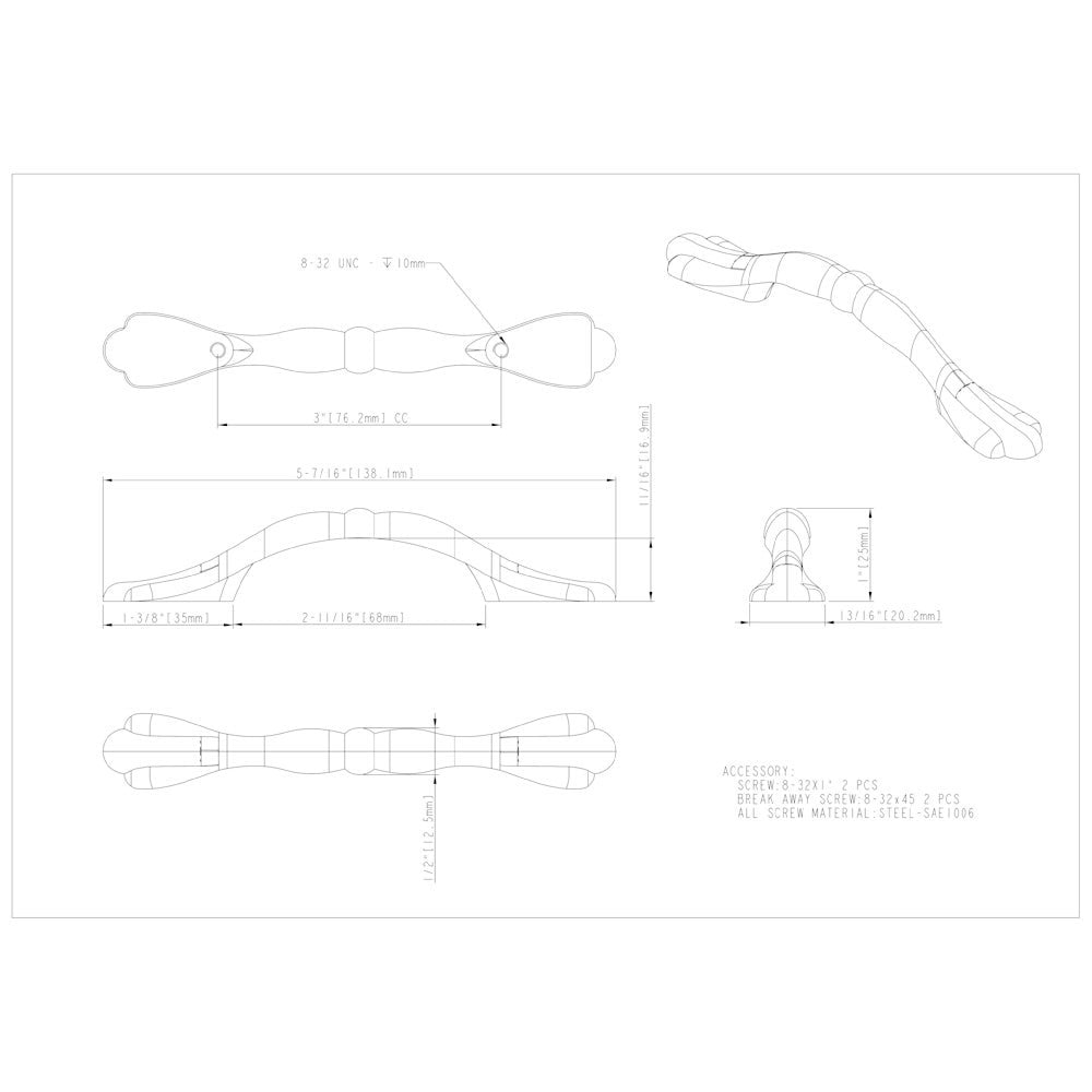 3" Center-to-Center Satin Nickel Arcadia Cabinet Pull