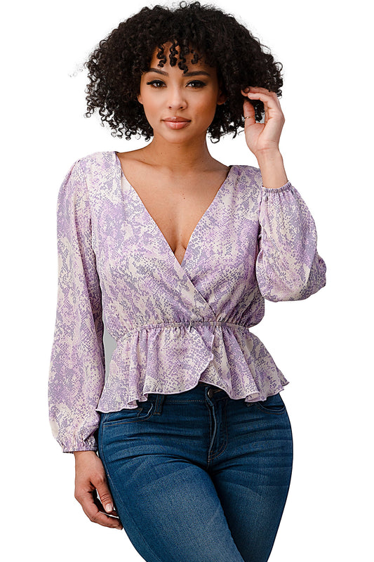 Printed Surplice Peplum Hem Blouse Top | Apparel | Kitchen + Metal