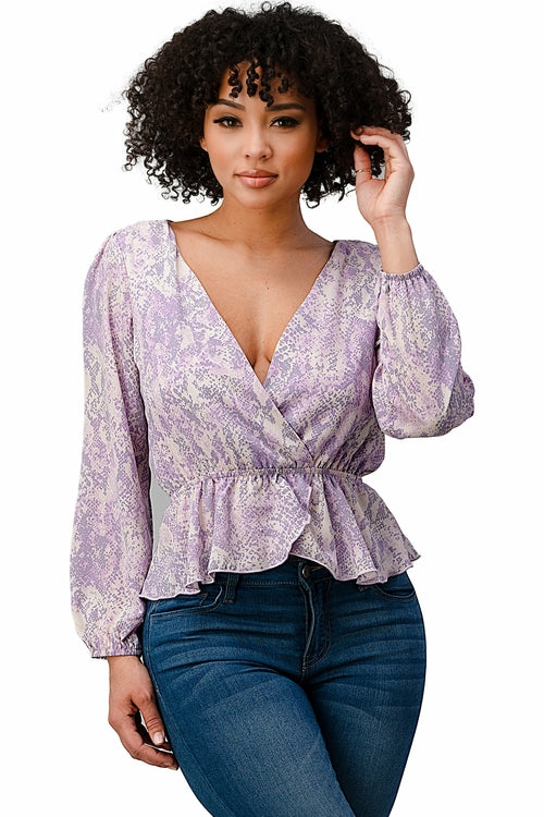 Printed Surplice Peplum Hem Blouse Top | Apparel | Kitchen + Metal