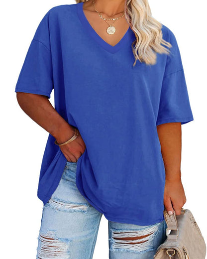 Cato Fashions Online - Women's Plus Size V-Neck Cotton T-Shirts - Summer Half Sleeve Casual Loose Fit Tunic Tops
