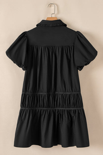 Black Button Down Puff Sleeve Ruched Ruffle Hem Dress