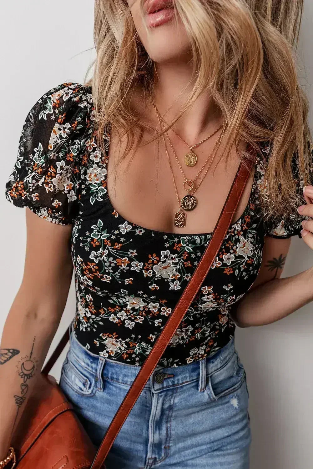 Floral Print Puff Sleeve U-Neck Bodysuit Black - Femstylo