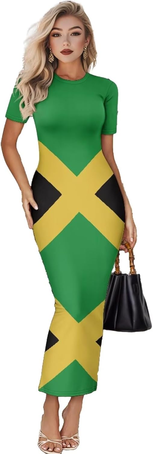 Women's Jamaican Flag Bodycon Midi Dress Short Sleeve