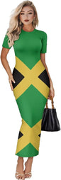 Women's Jamaican Flag Bodycon Midi Dress Short Sleeve