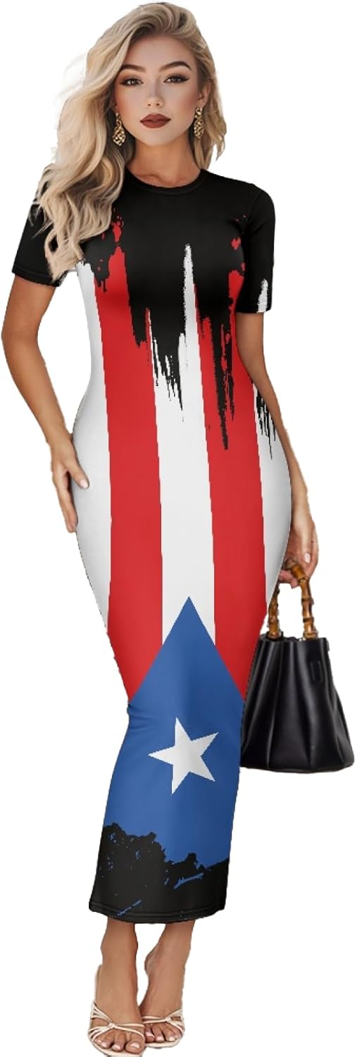 Women's Jamaican Flag Bodycon Midi Dress Short Sleeve