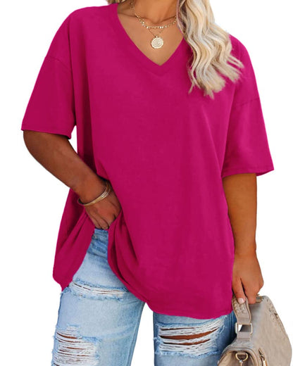 Cato Fashions Online - Women's Plus Size V-Neck Cotton T-Shirts - Summer Half Sleeve Casual Loose Fit Tunic Tops