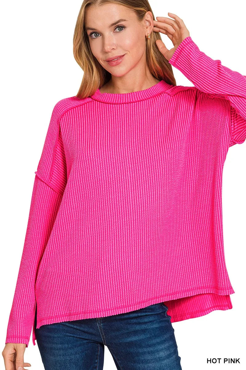 Zenana Exposed Seam Long Sleeve Corded Rib Knit Top in Pink