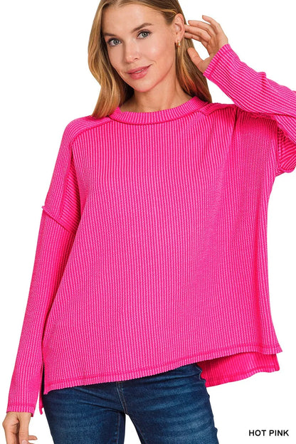 Zenana Exposed Seam Long Sleeve Corded Rib Knit Top in Pink