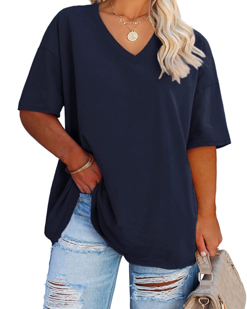Cato Fashions Online - Women's Plus Size V-Neck Cotton T-Shirts - Summer Half Sleeve Casual Loose Fit Tunic Tops