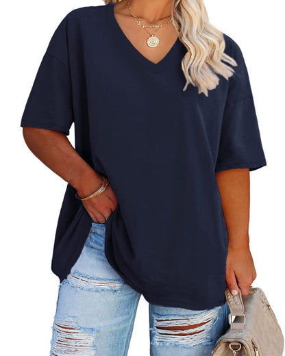 Cato Fashions Online - Women's Plus Size V-Neck Cotton T-Shirts - Summer Half Sleeve Casual Loose Fit Tunic Tops