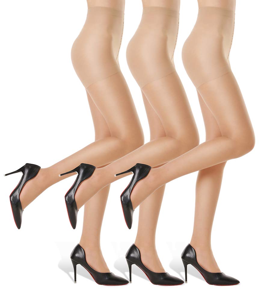 Women's 20D Sheer Control Top Pantyhose - 3 Pack Ultra Thin Tights with Reinforced Toes